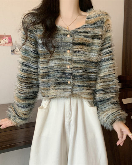 Soft Korean Style Square Collar Fur Design Striped Long Sleeve Sweater