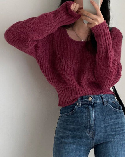 Square-neck Cinched Slimming Pure Color All-matching Fashionable Sweater Women