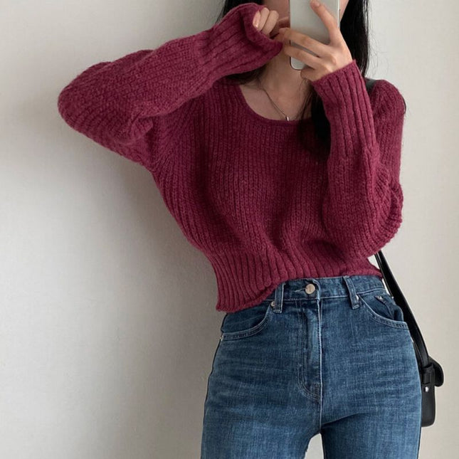 Square-neck Cinched Slimming Pure Color All-matching Fashionable Sweater Women