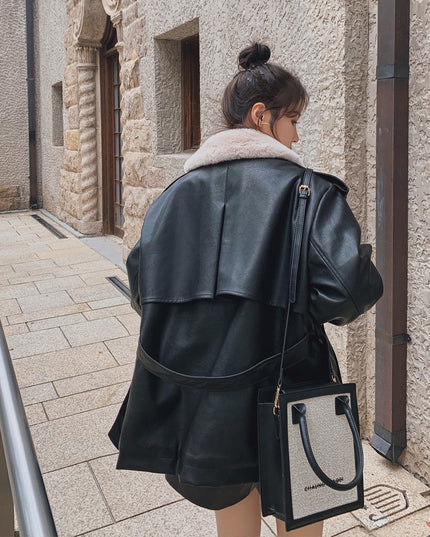 Loose Plus Velvet Thickening Small Locomotive PU Cotton Jacket Women