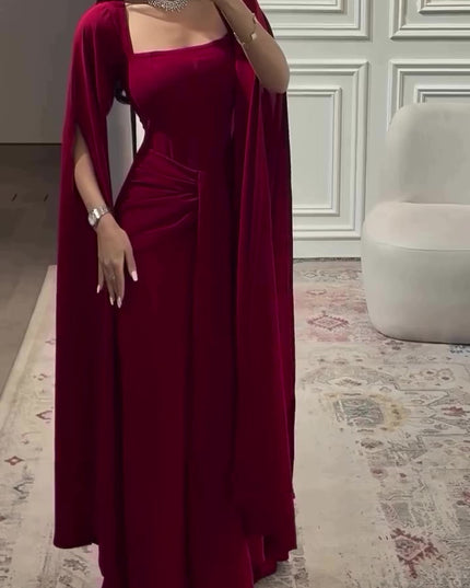 Elegant Burgundy Square - Neck Cape  Maxi Dress