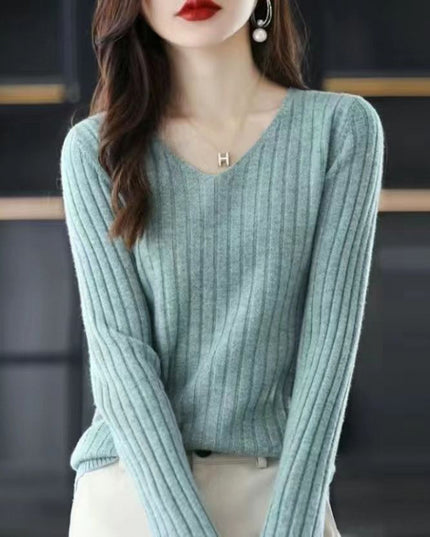 Slim V-neck Pullover Long Sleeve Knitted Sweater