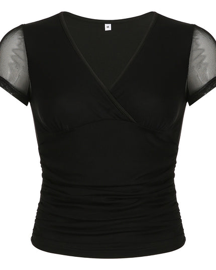 Deep V Design Small Pleated Pure Color Mesh Stitching Short Sleeve
