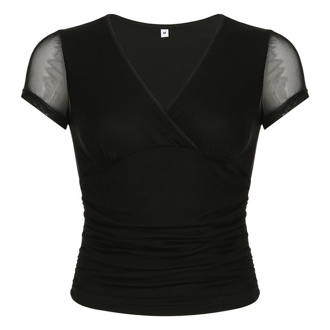 Deep V Design Small Pleated Pure Color Mesh Stitching Short Sleeve