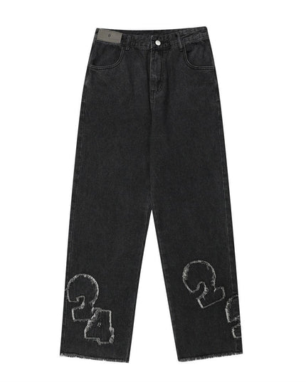 Men's Digital Cat Beard Affixed Cloth Embroidered Washed Jeans