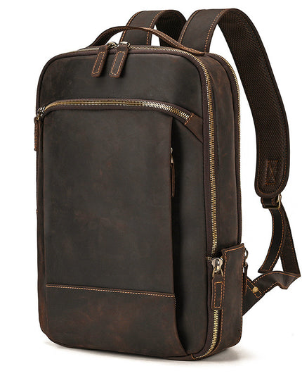 Double Zipper Main Bag Genuine Leather Large Capacity Crazy Horse Leather Outdoor Travel Leisure Backpack