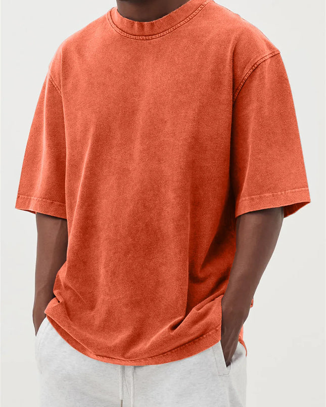 Men's Washed Fried Color Distressed Solid Color Pullover Short T-shirt