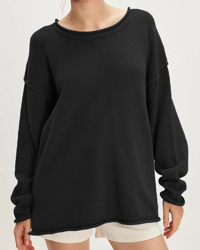 Women's Knitted Solid Color Round Neck Pullover Loose Sweater