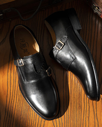 Men's First Layer Cowhide Summer Round Toe Double Buckle Retro Style Business Leather Shoes