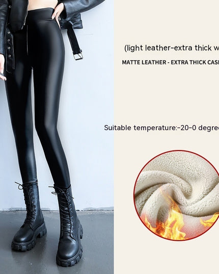 PU Fleece-lined High Waist Slimming Windproof Waterproof Leggings