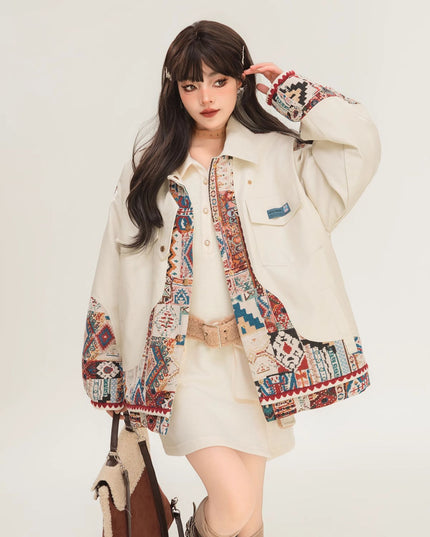 Jacquard Splicing Motorcycle PU Leather Jacket