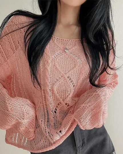 Hollow Jacquard Sun Protection Shirt Knitted Blouse Women Loose Thin Top