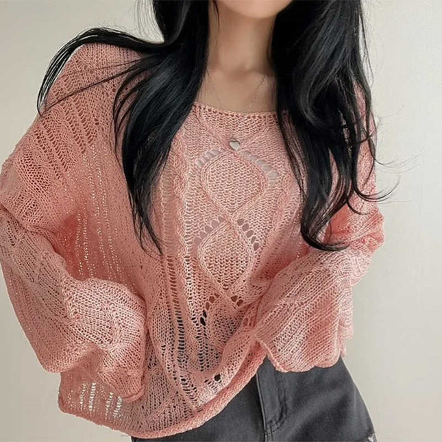 Hollow Jacquard Sun Protection Shirt Knitted Blouse Women Loose Thin Top