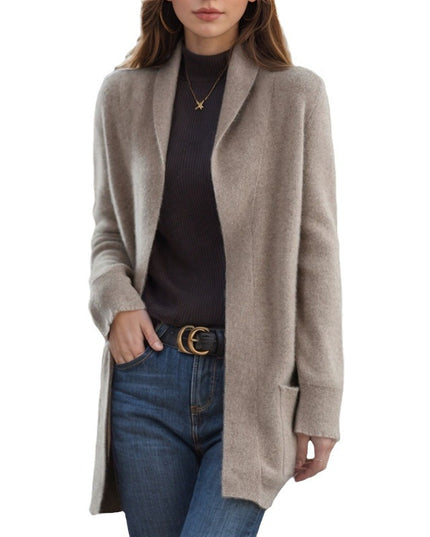 New Polo Collar Solid Color Long-sleeved Knitted Cardigan Loose Pockets Sweater Coat For Women