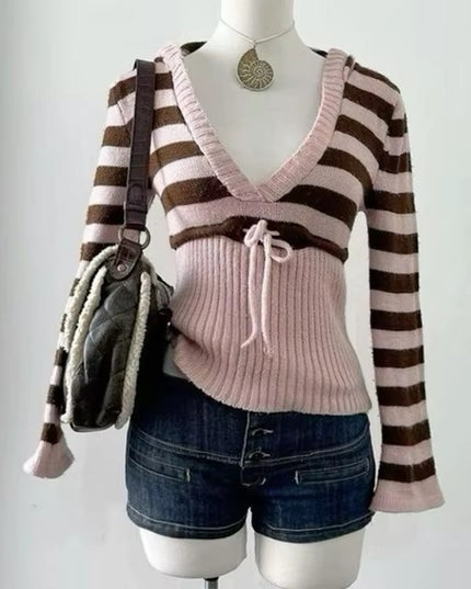 Women's V-neck Stripes Pullover Sweater
