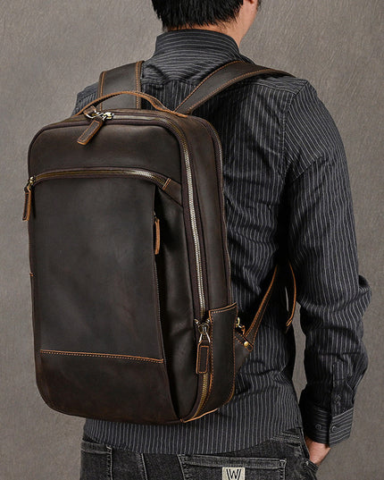 Double Zipper Main Bag Genuine Leather Large Capacity Crazy Horse Leather Outdoor Travel Leisure Backpack