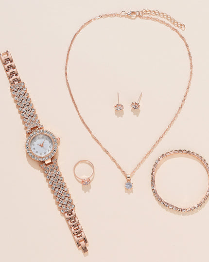 Women's Alloy Quartz Watch Necklace Earrings Bracelet Ring Suit