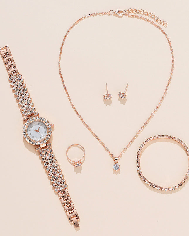 Women's Alloy Quartz Watch Necklace Earrings Bracelet Ring Suit