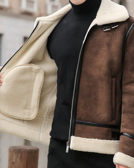 Youth Biker’s Leather Jacket with Lamb Wool Lining | Vintage PU Motorcycle Coat for Men