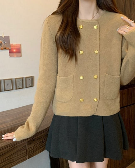 Solid Color Double Breasted Round Neck Knitted Cardigan