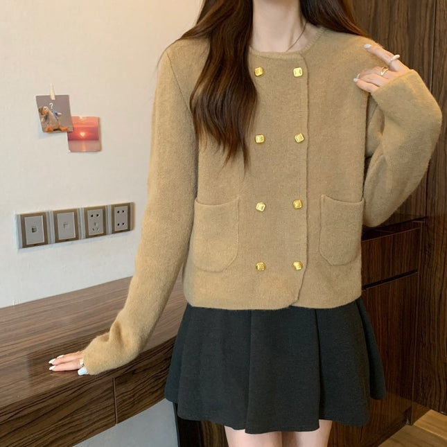 Solid Color Double Breasted Round Neck Knitted Cardigan