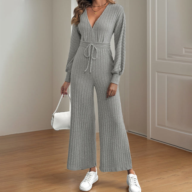 V-neck Lace-up Batwing Sleeve Solid Color Wide Leg Jumpsuit