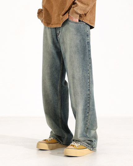 Washed Worn Men's Loose Wide-Leg Jeans | Straight Fit Blue Denim Pants