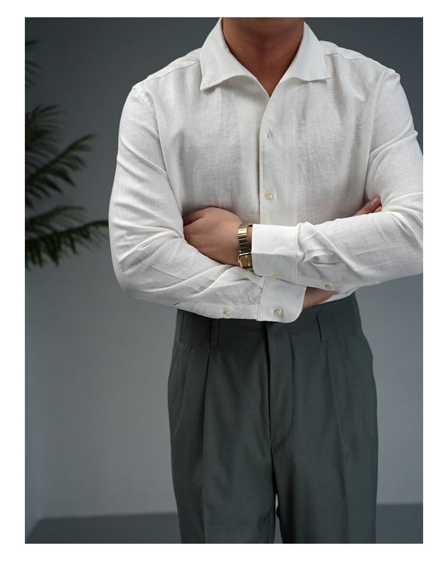 Linen One-piece Collar Business Casual Men's Breathable Long Sleeves Shirt