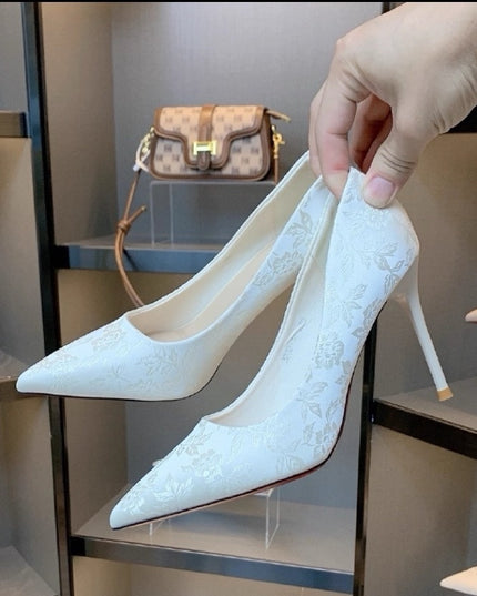 Pointed Toe Chinese Style Embroidery Low-cut High Heels Women's Stiletto Heel