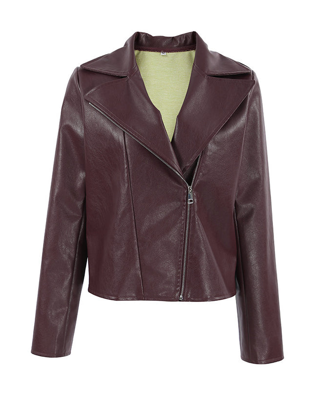 Wine Red Faux Leather Suit Collar Long Sleeve Jacket