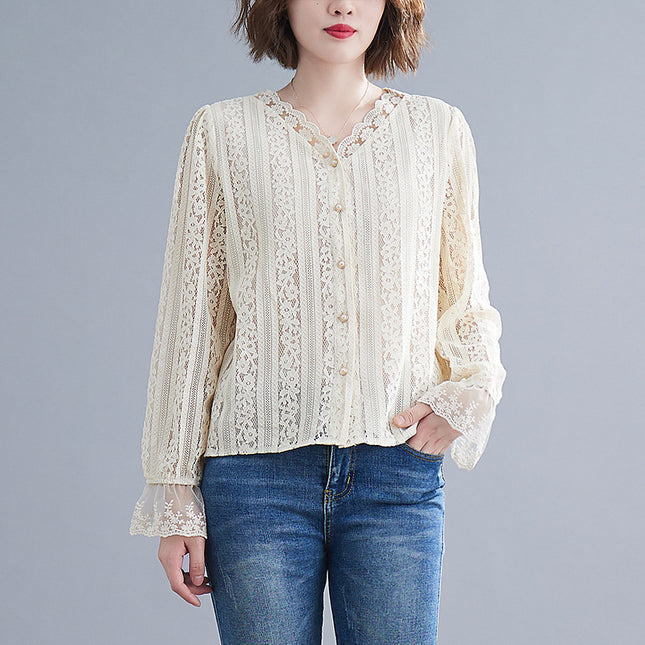 Women's V-neck Loose And Slim Lace Shirt