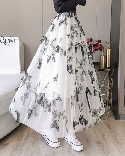 Embroidered Bow Lace Mesh Skirt Women's Mid-length