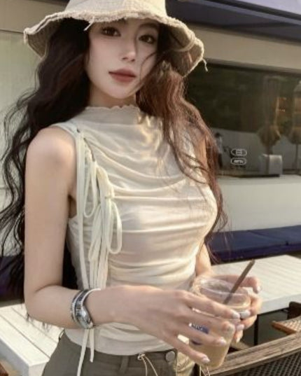 Design Mesh Lace-up Waist-controlled Pleated Vest