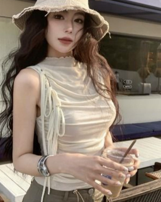Design Mesh Lace-up Waist-controlled Pleated Vest