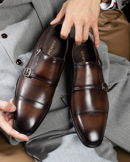 Double Buckle Design First Layer Cowhide Men's Business Leather Shoes