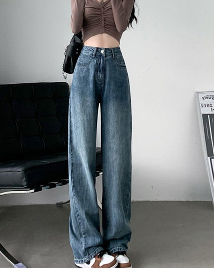 Draping Effect Wide Leg Jeans Women's High Waist Plus Size Mop Trousers