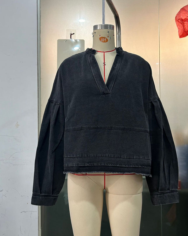 New V-neck Long Sleeve Loose Stitching Denim Long Sleeve Loose All-matching Top