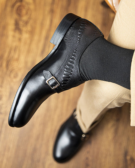 Men's First Layer Cowhide Summer Round Toe Double Buckle Retro Style Business Leather Shoes