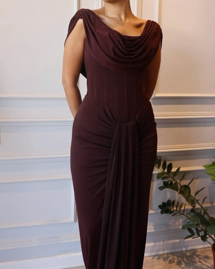 Brown Swoosh Collar Sleeveless Maxi Dress