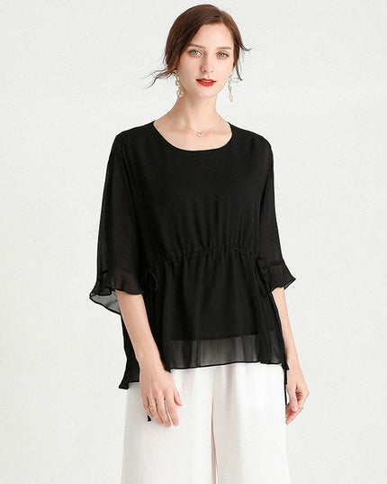 Summer New Style Temperament Short-Sleeved Plus Size Slimming Silk Blouse Women