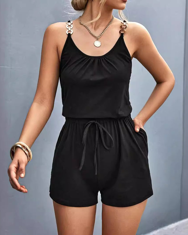 Women's Summer Fashion Pleated Stitching Metal Strap Jumpsuit