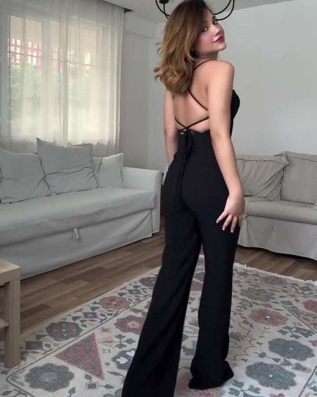 Black Square Neck Backless Lace-up Jumpsuit