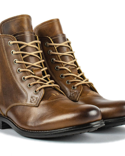 Men Cowboy Boots Retro Lace-up Martin Boot Round Toe Low Heel Shoes