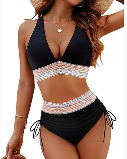 High Waisted Bikini Set With Color Blocking Drawstring Swimsuit