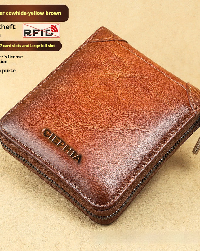 Men's Wallet Leather Short Anti-theft Swiping Zipper Multifunctional