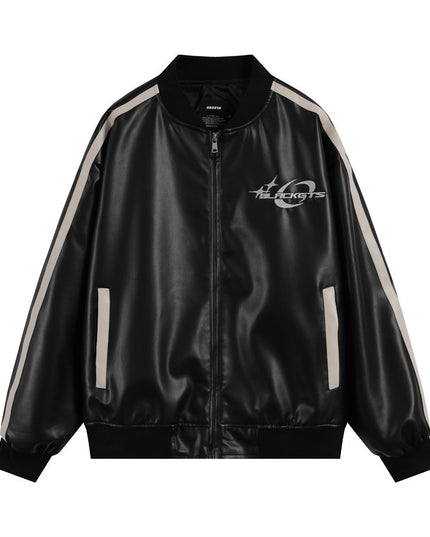 Embroidery Color Stitching Stand-collar PU Leather Coat Men