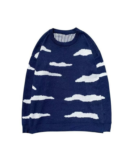 Vintage Blue Sky White Clouds Jacquard Loose-fitting Knitted Sweater