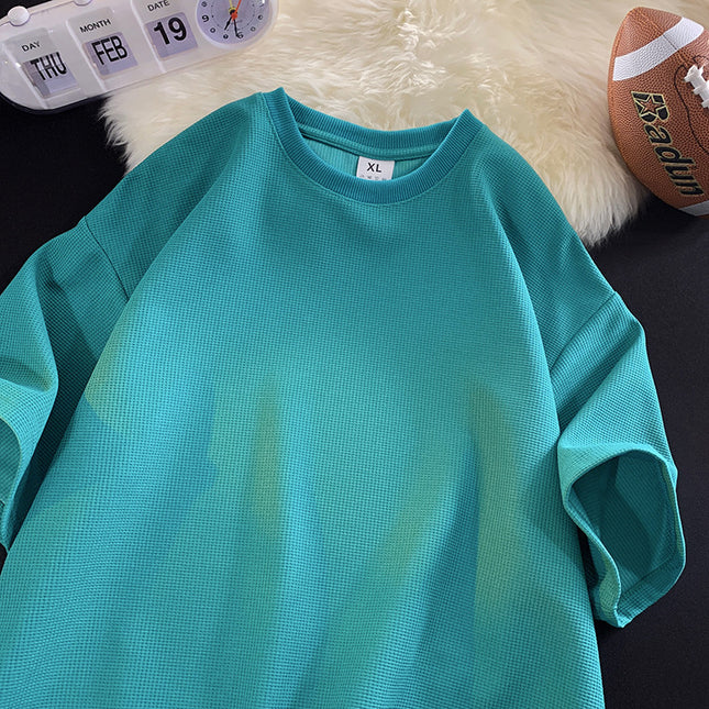 Men's Casual Solid Color Waffle Short Sleeved Shirt