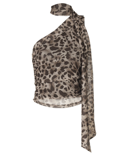 Leopard Print Crossbody Sleeveless Ribbon Short Tight Vest