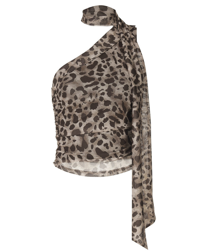 Leopard Print Crossbody Sleeveless Ribbon Short Tight Vest